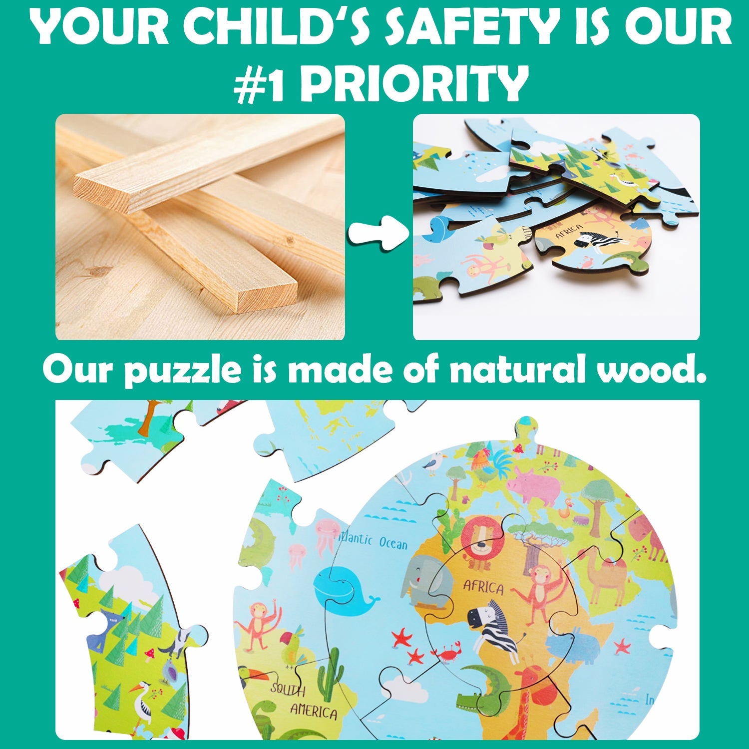 Wooden Round World Map Jigsaw Puzzle Educational Toys